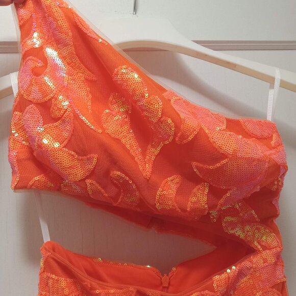 Sparkly Orange Sequin One Shoulder Long Prom Dress NWOT - Picture 3 of 7